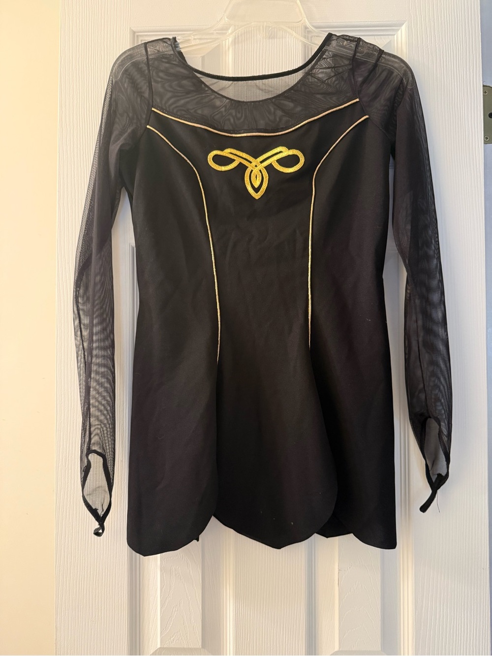 Black Long-Sleeve Mesh Panel Top with Gold Trim, Dance Costume
